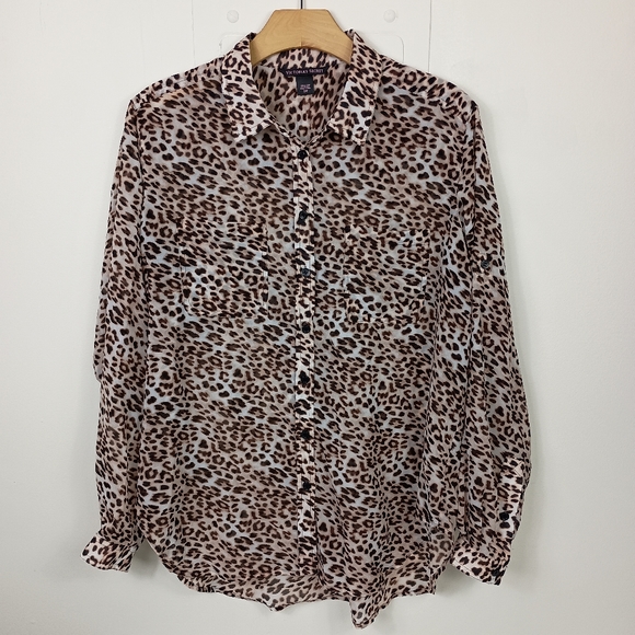 Victorias Secret Sheer Leopard Print Blouse Small Roll Tab Long Sleeve Button Up - Picture 1 of 10